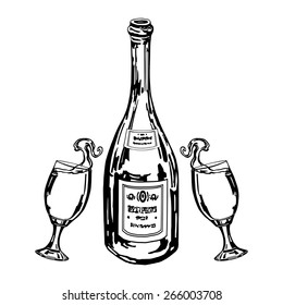 cartoon, hand drawn, vector, sketch, illustration of bottle of wine and glasses