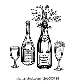 cartoon, hand drawn, vector, sketch, illustration of bottle of champagne, bottle of wine and glasses