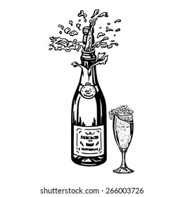 Cartoon, Hand Drawn, Vector, Sketch, Illustration Of Bottle Of Champagne And Glass Of Champagne