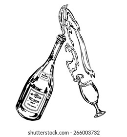 cartoon, hand drawn, vector, sketch, illustration of bottle of wine and glass
