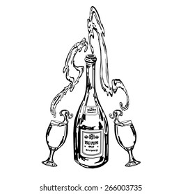 cartoon, hand drawn, vector, sketch, illustration of bottle of wine and glasses