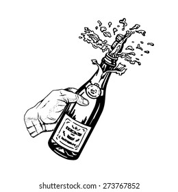 cartoon, hand drawn, vector, sketch, illustration of bottle of champagne in hand