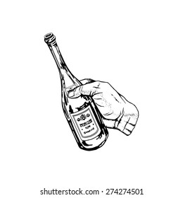 cartoon, hand drawn, vector, sketch, illustration of bottle of wine in hand