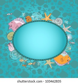 Cartoon hand drawn vector  vignette in maritime style. Made in emerald and blue tones