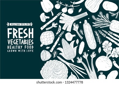 Cartoon hand drawn vegetables design template. Green and white graphic. Vegetables background. Linocut style. Healthy food. Vector illustration