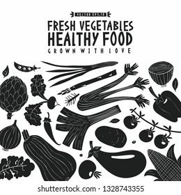 Cartoon hand drawn vegetables design template. Black and white graphic. Vegetables background. Linocut style. Healthy food. Vector illustration