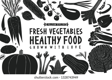 Cartoon hand drawn vegetables design template. Black and white graphic. Vegetables background. Linocut style. Healthy food. Vector illustration