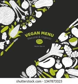 Cartoon hand drawn vegetables design template. Monochrome graphic. Vegetables background. Linocut style. Healthy food. Vector illustration