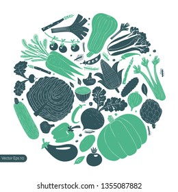 Cartoon Hand Drawn Vegetables Design Template. Monochrome Graphic. Vegetables Background. Linocut Style. Healthy Food. Vector Illustration