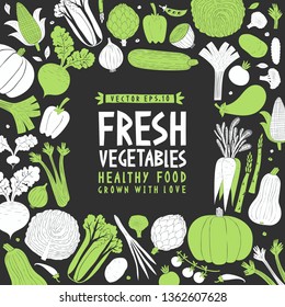 Cartoon hand drawn vegetables design template. Food background. Linocut style. Healthy food. Vector illustration on dark background