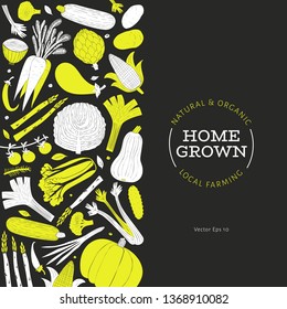 Cartoon hand drawn vegetables design template. Food background. Linocut style. Healthy food. Vector illustration on dark background
