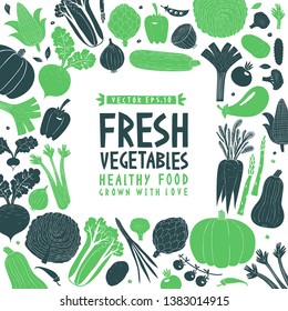 Cartoon hand drawn vegetables design template. Food background. Linocut style. Healthy food. Vector illustration