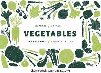 Cartoon hand drawn vegetables design template. Food background. Linocut style. Healthy food. Vector illustration