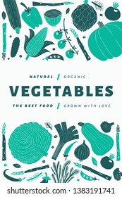 Cartoon Hand Drawn Vegetables Design Template. Food Background. Linocut Style. Healthy Food. Vector Illustration