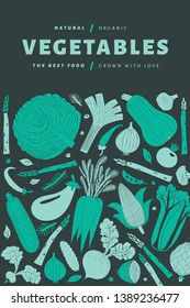 Cartoon hand drawn vegetables design template. Food background. Linocut style. Healthy food. Vector illustration on dark background