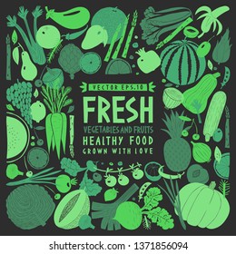 Cartoon hand drawn vegetables ond fruits design template. Food background. Linocut style. Healthy food. Vector illustration