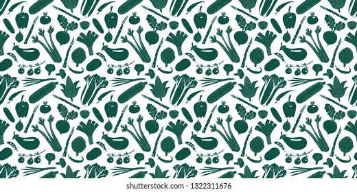 Cartoon hand drawn vegetables seamless pattern. One color graphic. Vegetables background. Linocut style. Healthy food. Vector illustration