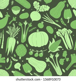 Cartoon hand drawn vegetables seamless pattern. Food background. Linocut style. Healthy food. Vector illustration