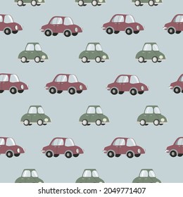 Cartoon Hand Drawn Vehicles, Print Design Seamless Pattern. Vector illustration Children Cars on blue background. Can be used for Scrapbooking, Wallpaper, wrapping paper, fabric, prints and much more.