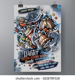 Cartoon hand drawn watercolor doodles Winter poster design template. Very detailed, with lots of objects illustration. Funny vector artwork.