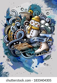 Cartoon hand drawn watercolor doodles Winter illustration. Very detailed, with lots of objects design. Funny vector artwork.