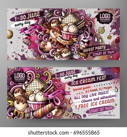 Cartoon hand drawn watercolor doodles Ice cream banners design template. Very detailed, with lots of separated objects illustration. Funny vector artwork.