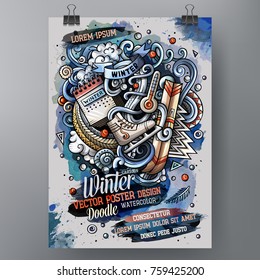 Cartoon hand drawn watercolor doodles Winter poster design template. Very detailed, with lots of separated objects illustration. Funny vector artwork.