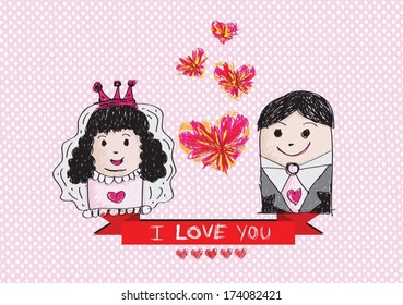 Cartoon hand drawn wedding couple wedding idea design