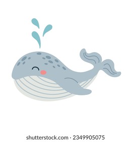 Cartoon hand drawn whale on isolated white background. Character of the sea animals for the logo, mascot, design. Vector illustration