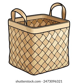 Cartoon hand drawn wicker basket isolated on white background. Vector doodle illustration
