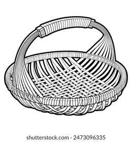 Cartoon hand drawn wicker basket isolated on white background. Vector line art doodle illustration
