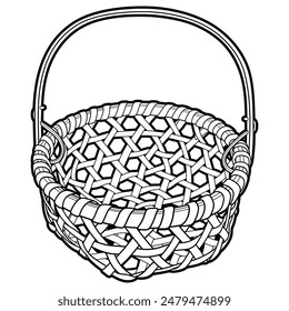 Cartoon hand drawn wicker basket isolated on white background. Vector line art doodle illustration