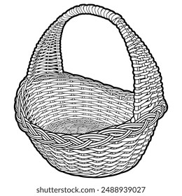 Cartoon hand drawn wicker basket isolated on white background. Vector line art doodle illustration