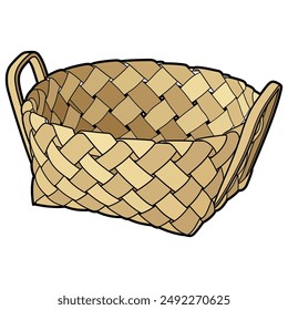 Cartoon hand drawn wicker basket isolated on white background. Vector doodle illustration