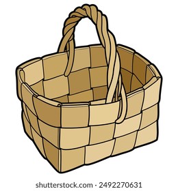 Cesta de mimbre dibujada a mano de la historieta aislada sobre fondo blanco. Vector doodle ilustración