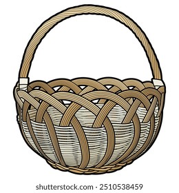 Cartoon hand drawn wicker basket isolated on white background. Vector doodle illustration