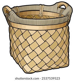 Cartoon hand drawn wicker basket isolated on white background. Vector doodle illustration