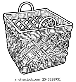 Cartoon hand drawn wicker basket. Vector doodle illustration