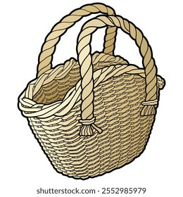 Cartoon hand drawn wicker basket isolated on white background. Vector doodle illustration