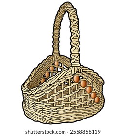 Cartoon hand drawn wicker basket isolated on white background. Vector doodle illustration