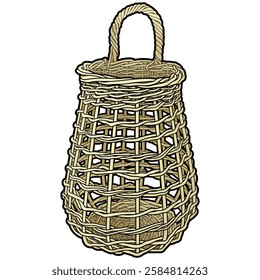 Cartoon hand drawn wicker basket isolated on white background. Vector doodle illustration