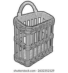 Cartoon hand drawn wicker basket isolated on white background. Vector doodle illustration