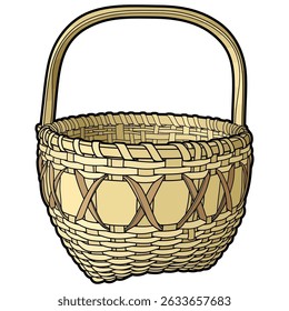 Cartoon hand drawn wicker basket isolated on white background. Vector doodle illustration