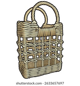 Cartoon hand drawn wicker basket isolated on white background. Vector doodle illustration