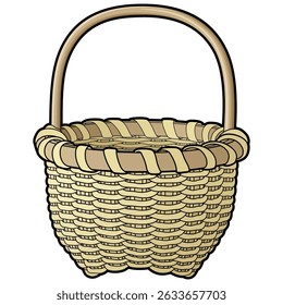 Cartoon hand drawn wicker basket isolated on white background. Vector doodle illustration