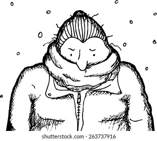 Cartoon of hand drawn woman in scarf and coat