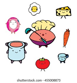 Cartoon hand draws foods and characters on isolated background. Carrot, tomato and cook and other kitchen goods for logo or your design