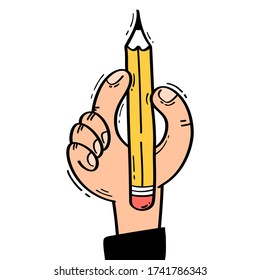 Cartoon hand draws a sketch on the pencil