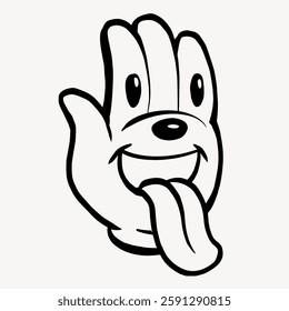 Cartoon hand with a face, featuring eyes, a nose, and a tongue sticking out. Playful and whimsical design, with a fun, animated expression. Doodle illustration vector.