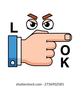 A cartoon hand with a face pointing to the right with letters forming the word ok
